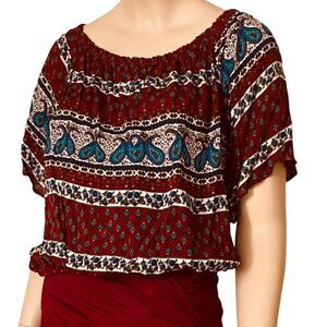 Colorful Paisley Off Shoulder Short Sleeve Smock Summer Top NEW